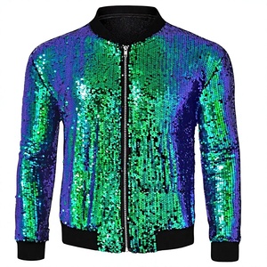 Women's Reverse Work <b>Sequin</b> Bomber <b>Jacket</b> Green Purple Zip Up Casual Party <b>Jacket</b> - Product Image 5
