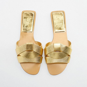 <span class=keywords><strong>Sandali</strong></span> di Lusso Personalizzati con Intreccio in Pelle Dorata per Donne e Signore, Scarpe Piatte alla Moda - Product Image 2