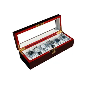 Kotak Tampilan Jam Tangan 6 Slot, Kayu Merah Tua Mewah Kunci Emas Pengatur Jam Tangan dengan Jendela Kaca