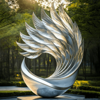 Grande sculpture d'aigle en acier inoxydable moderne, finition miroir, couleur personnalisée, art abstrait pour l'aménagement paysager extérieur et les jardins