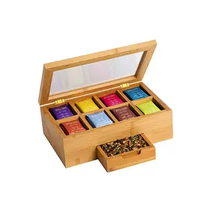Tea Box Organizer Bamboo Wooden Nature Tea Box Storage Organizer With Drawer 8 Compartments Large Organizer Box For Tea Bags And Loose Tea