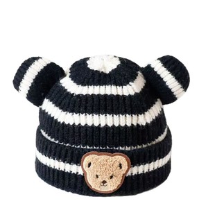 Gorro de punto con cabeza de oso a rayas, cálido, resistente al viento, para bebés de 0 a 3 meses, unisex, beige, café, rosa, morado, azul - Product Image 5