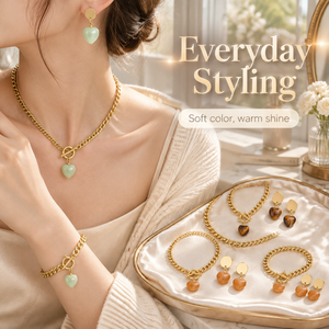 Conjunto de Joyería de Cadena Cubana de Acero Inoxidable Chapado en Oro que No se Desvanece con Piedra Natural en Forma de Corazón y Cierre OT, Ideal para Uso Diario de Niñas - Product Image 4