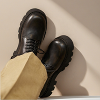Chaussures Derby en Cuir Véritable pour Hommes, Noires Unies, Souples, à Bout Rond, à Semelle Épaisse, Respirantes, Idéales pour le Travail et les Trajets Quotidien au Printemps