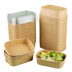Bols et assiettes en papier kraft rectangulaires/carrés jetables de qualité alimentaire, étanches, résistants à la graisse et à l'eau, avec couvercle, pour salades, sushis, à emporter - Product Image 1