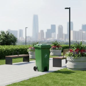 حاوية قمامة بلاستيكية متحركة بعجلات سعة 120 لتر، متوافقة مع معيار EN840، للاستخدام الخارجي في مراكز التسوق والمدارس والمستشفيات - Product Image 1