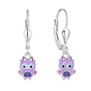 أقراط متدلية للفتيات من الفضة الإسترلينية-أقراط متدلية على شكل حيوان بمينا أرجواني لطيف مع قوس - Product Image 1