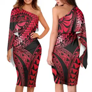 Romantic Polynesian Maori Tattoo Art Printed Women's One Shoulder Ruffled Wedding Dresses Summer Evening Gown Cocktail Bodycon