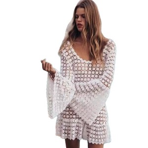 Vestido de Playa Blanco de Ganchillo con Cuello Cuadrado, Cintura Holgada y Manga Larga, Traje de Baño para Vacaciones, Atuendo de Verano para Piscina - Product Image 5
