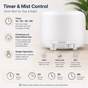 Diffuseur d'huiles essentielles ultrasonique blanc OEM 1000 ml, humidificateur avec LED 7 couleurs, arrêt automatique (fort/faible), 3 minuteurs, aromathérapie, vente en gros - Product Image 4