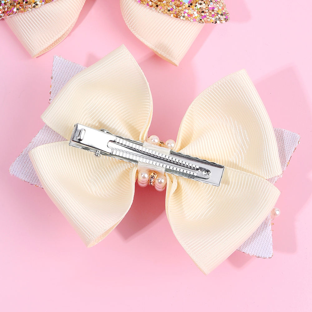 CN 2Pcs Boutique Ribbon Hair Bow Clip Sparkly Glitter Pins White Pearl Barrette Pigtails Hair Clip Girls Kids