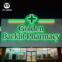 Enseigne de pharmacie en métal LED avec croix verte, rétroéclairée, dorée, résistante aux intempéries, personnalisée, durable, pour l'extérieur