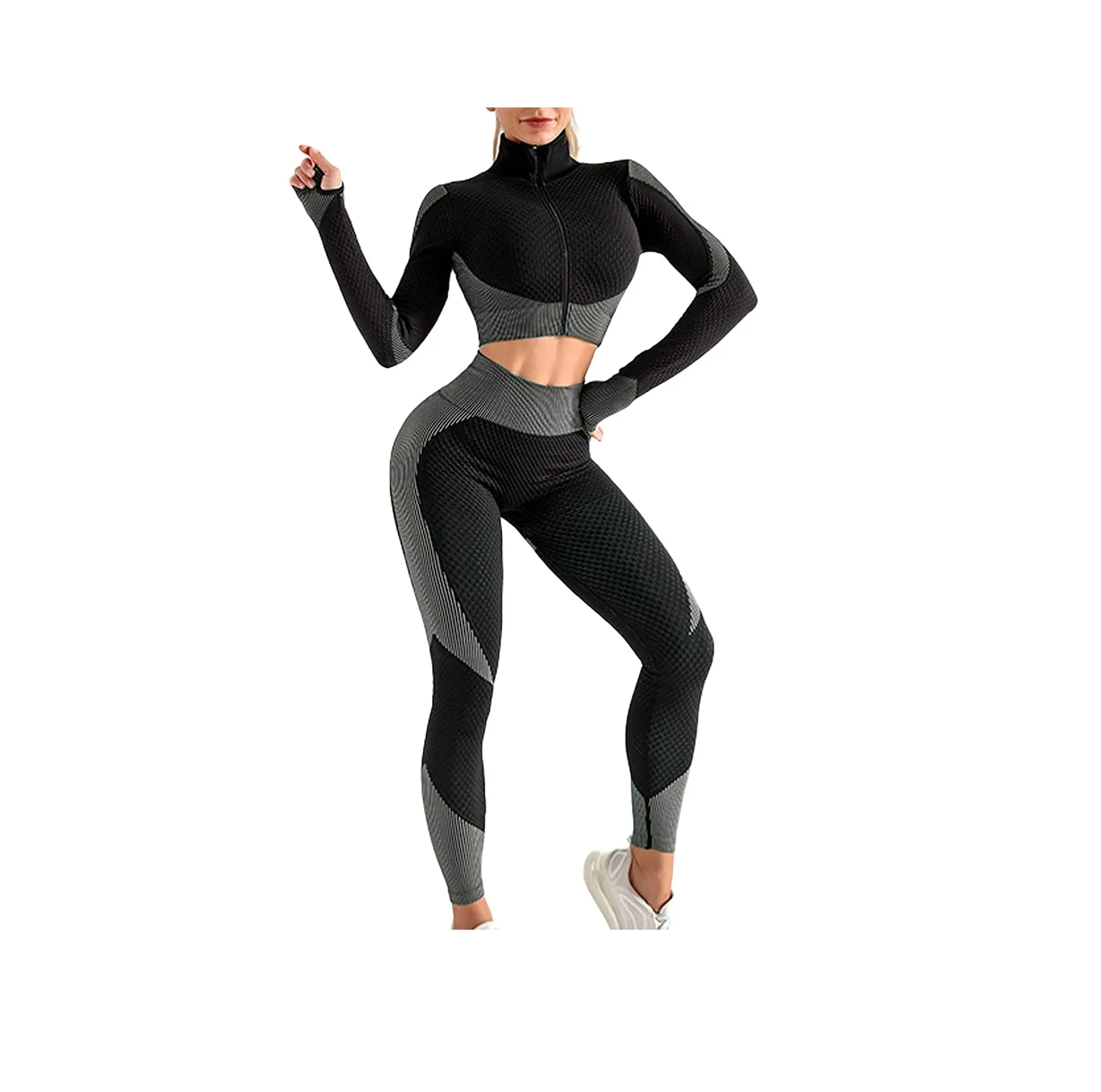 Бесплатный образец, женский спортивный костюм для йоги с длинным рукавом, топ на молнии спереди, Бесшовные Леггинсы для йоги с высокой талией