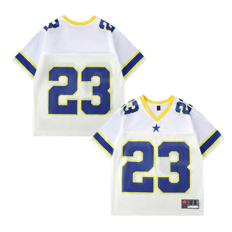 White with blue letters