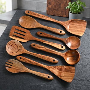 Ensemble d'ustensiles de cuisine en bois avec poignées gravées, cuillère de service à long manche durable, design minimaliste pour la cuisine - Product Image 6