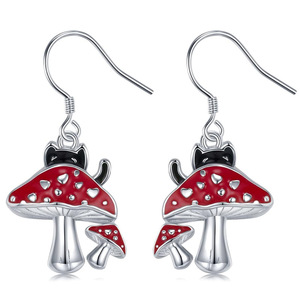 Boucles d'oreilles champignon en or blanc plaqué or E4826 avec pendentif cœur en zircon cubique pour femme, style mignon pour usage quotidien - Product Image 1