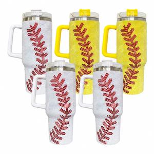 Gobelet isotherme en acier inoxydable à double paroi de 40 oz avec logo personnalisé, motif baseball et strass, écologique, avec poignée et paille - Product Image 1