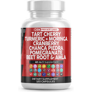Cápsulas de Extracto de Cereza Roja OEM con Cúrcuma, Moringa, Arándano, Chanca Piedra, Apio, Quercetina, Vinagre de Sidra de Manzana y Suplementos de Granada - Product Image 1