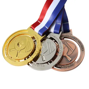 独自のカスタマイズメダルスポーツメタル2D3D回転可能ゴールドシルバーブロンズ卓球メダルリボン付き