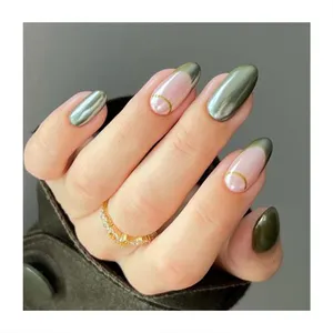 24 Pcs False Nails Packing Boxes Press On Nail Boxes Dark Green Jelly Sticker Design Full Cover Chrome Artificial Nail Art Tips