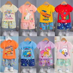 卸売2ピースミルクシルクベビーガールズ服セット、ミックスプリント半袖トップス＆ショートパンツ、レタスエッジ、子供用コットン製 - Product Image 2