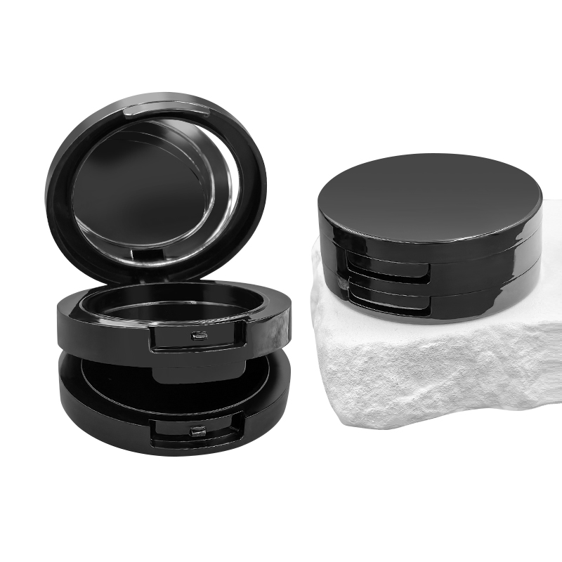 New Custom Double Llayer Black Powder Blush Empty Box Flip Highlights Plastic Box Container Cosmetic Packaging Materials