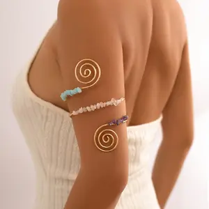 2024 Hete Verkoop Spiraalvormige Lijn Armband Met Natuurlijke Chip Steen Kralen Open Arm Armband Voor Vrouwen Meisjes