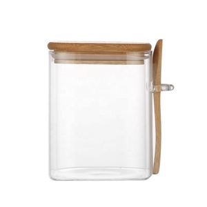 FLK Square Straight Side Glass Jar Glass Storage Jar With Airtight Bamboo Lid And Spoon