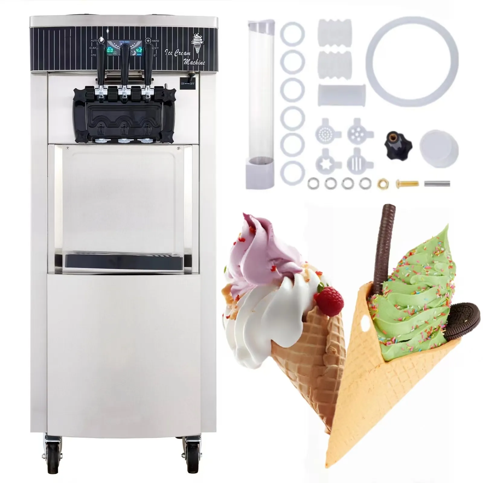 Ticari 2 + 1 tatlar dondurma yapma makinesi 2200W yumuşak hizmet dondurma makinesi LED ekran otomatik temiz ile ayakta modeli