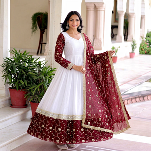 <b>White</b> Maroon Anarkali <b>Suit</b> With Dupatta Gold Embroidered Floor Length Indian Pakistani Set - Product Image 1