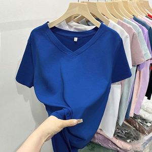 2024 Summer High Quality Tees Customized Logo Cotton Casual Wear Short Sleeve V Neck Solid Shirt for Women - Product Image 5