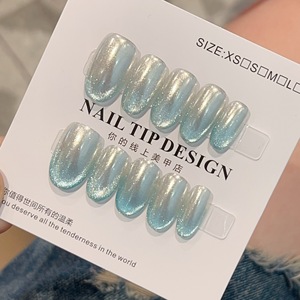 Lot de 10 <span class=keywords><strong>faux</strong></span> ongles courts effet œil de chat bleu chrome Aurora, faits à la main, à presser, effet métal liquide, pour usage quotidien - Product Image 3