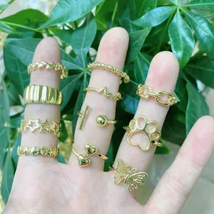 Bulk Sale Various Styles Adjustable Gold Brass Heart Snake Starlets Leaf Design Jewelry Finger Rings Gift