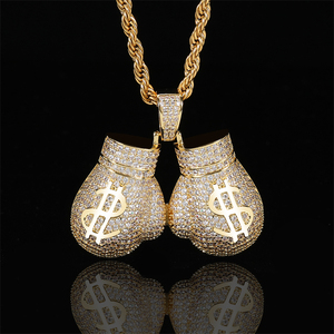 Novo Colar Masculino de Joias Hip Hop <span class=keywords><strong>Rock</strong></span> em Latão com Zircônia Banhado a Ouro, Pingente de Luvas de Boxe e Símbolo de Dólar - Product Image 3