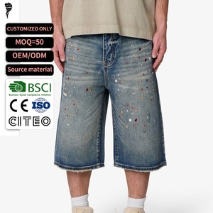 Pantalones cortos de mezclilla para hombre con pedrería, novedad 2026, multicolor, con cristales incrustados, holgados, de pierna ancha, con dobladillo sin rematar, estilo streetwear - Product Image 1
