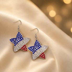 Bestseller 4. Juli Unabhängigkeitstag Legierung Strass Fünfzackiger Stern Ohrringe Amerikanische Flagge Hängeohrringe Patriotische Party-Accessoires - Product Image 2
