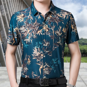 Camicia estiva a fiori a maniche corte nuova camicia da uomo in seta di ghiaccio con stampa floreale camicia da uomo senza stiratura a mezza <span class=keywords><strong>manica</strong></span> Casual - Product Image 4
