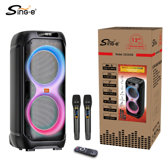 Sing-E ZQS12212 Portable RGB Dual 12 Inch TWS Pa Speaker System Trolley DJ Bass Blue Tooth Speaker for Outdoor Activities