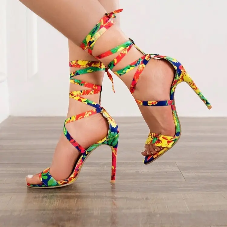 Summer Fashion Sexy Multi Colorful Line Up High Heel Ankle Cross Strap Sandals For Women