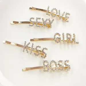 Wholesale Fashion Crystal Words Hair Pins Glitter Rhinestone Hairpins Alphabet Bling Sparkling Letter Hair clips for Women