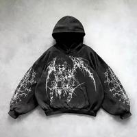 Ensemble sweat à capuche zippé vintage délavé pour homme avec motif anime, pull oversize et pantalon de jogging assorti, style punk urbain quotidien et skate