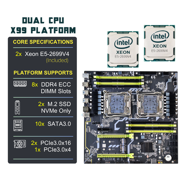 PANDL NEW X99-2D4 E-ATX 8X DDR4 ECC RAM Mainboard Set Intel Dual Xeon E5 2699 V4 X99 Motherboard Dual Cpu Combo Xeon X99 Kit
