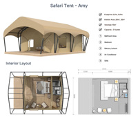 Tente de glamping de luxe pour 2 personnes, maison de villégiature en plein air avec salle de bain pour hébergement en safari