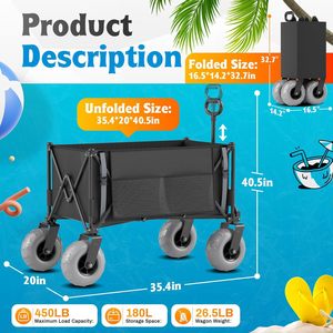 Chariot de plage pliable robuste, grandes roues, poignée réglable, capacité de charge de 450 lb, sac isotherme, chariot à main pliable - Product Image 3