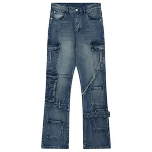 Custom OEM grosir Y2k Jeans Denim tumpuk longgar, celana Jeans Lurus Slim Fit tambal sulam gaya baru untuk pria