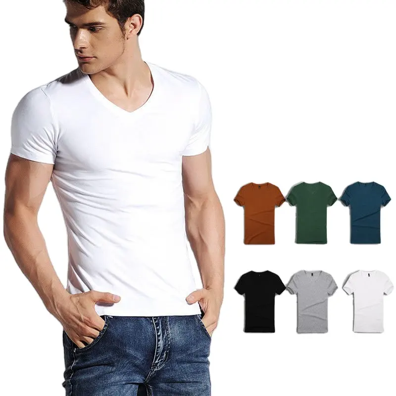 Hot Selling Custom Logo Short sleeved Solid Plus Size V Neck Men's T Shirt Fitness Suit