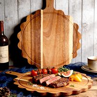 Planche à pizza en bois d'acacia de qualité supérieure avec bord festonné et poignée, design unique en forme de pétale, pour servir steak, fromage, dîner individuel