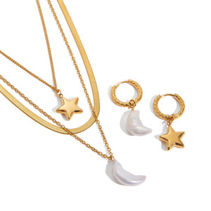 Ensemble de boucles d'oreilles étoile lune perle plaqué or en acier inoxydable pour femme, bijoux à porter au quotidien - Product Image 5