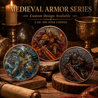 Pièce de monnaie moulée en cuivre pur 999 de 5 oz, électroplaquée, personnalisée, guerrier coloré en relief 3D, série Armure Médiévale, édition UV pour collectionneur