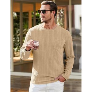 Pull à col rond à manches longues pour homme FOXA, tricot texturé avec poche, mélange de coton et d'élasthanne respirant, vêtements décontractés - Product Image 2